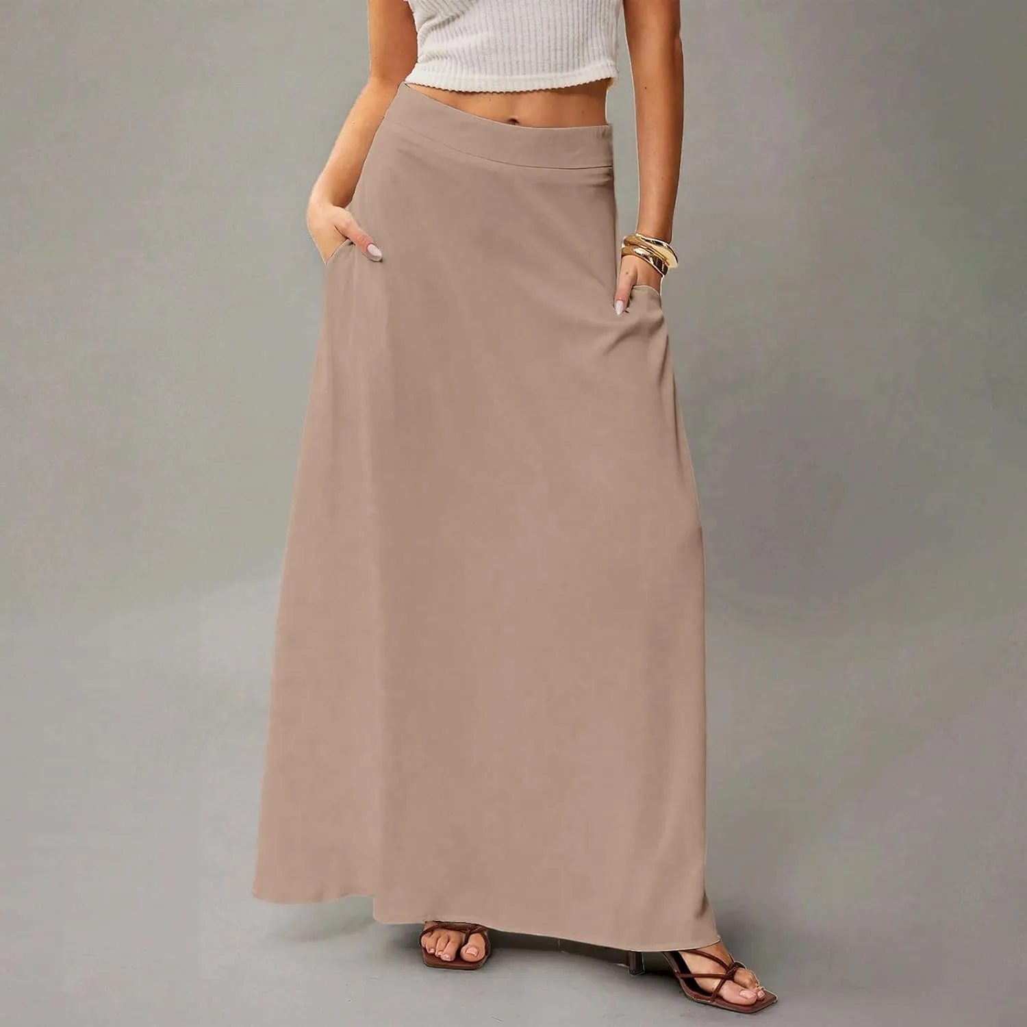 Womens Flowy A Line Skirt Boho Elastic High Waisted Long Maxi Skirts for Women Trendy Summer Basicwith Pockets