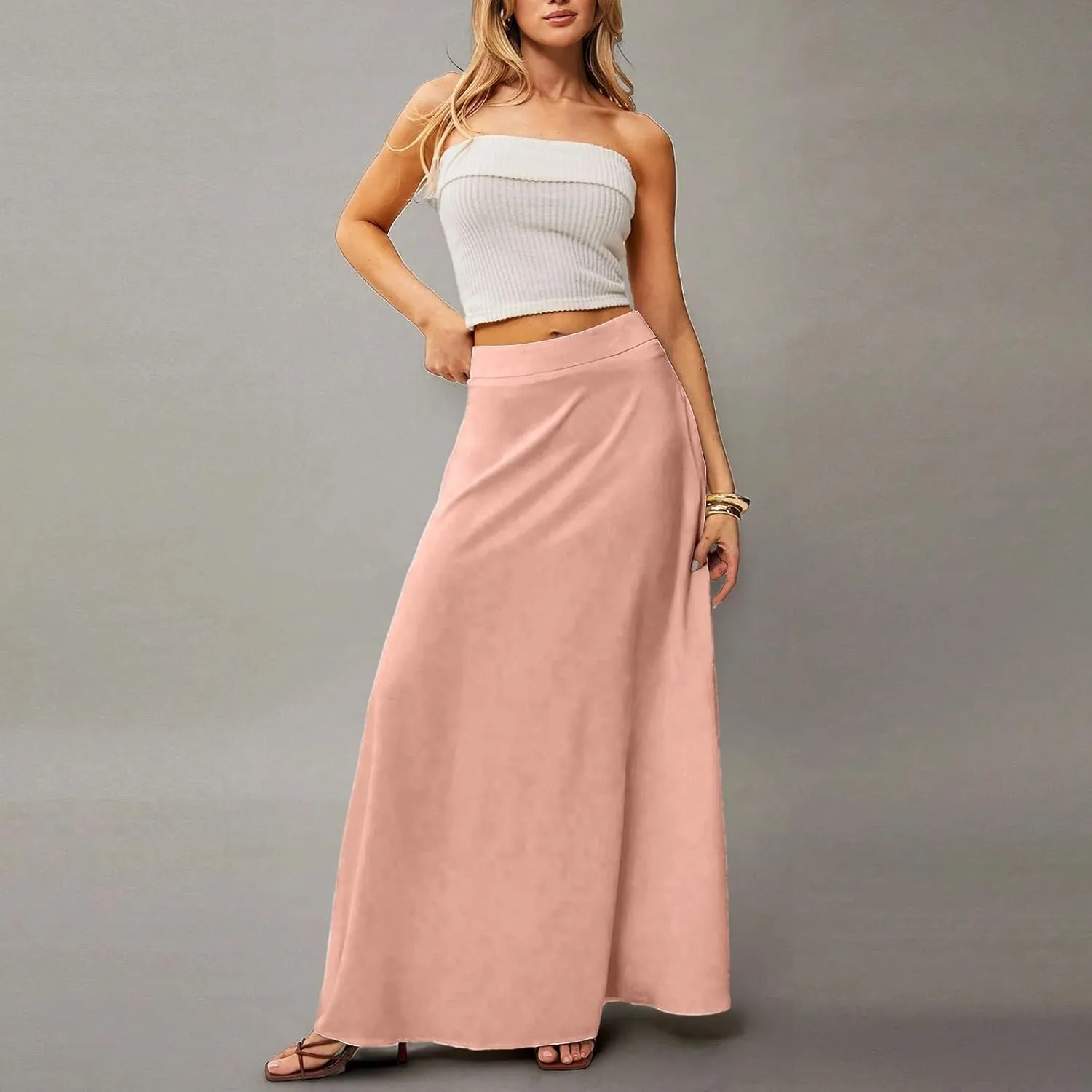 Womens Flowy A Line Skirt Boho Elastic High Waisted Long Maxi Skirts for Women Trendy Summer Basicwith Pockets