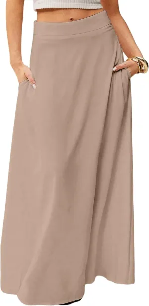 Womens Flowy A Line Skirt Boho Elastic High Waisted Long Maxi Skirts for Women Trendy Summer Basicwith Pockets