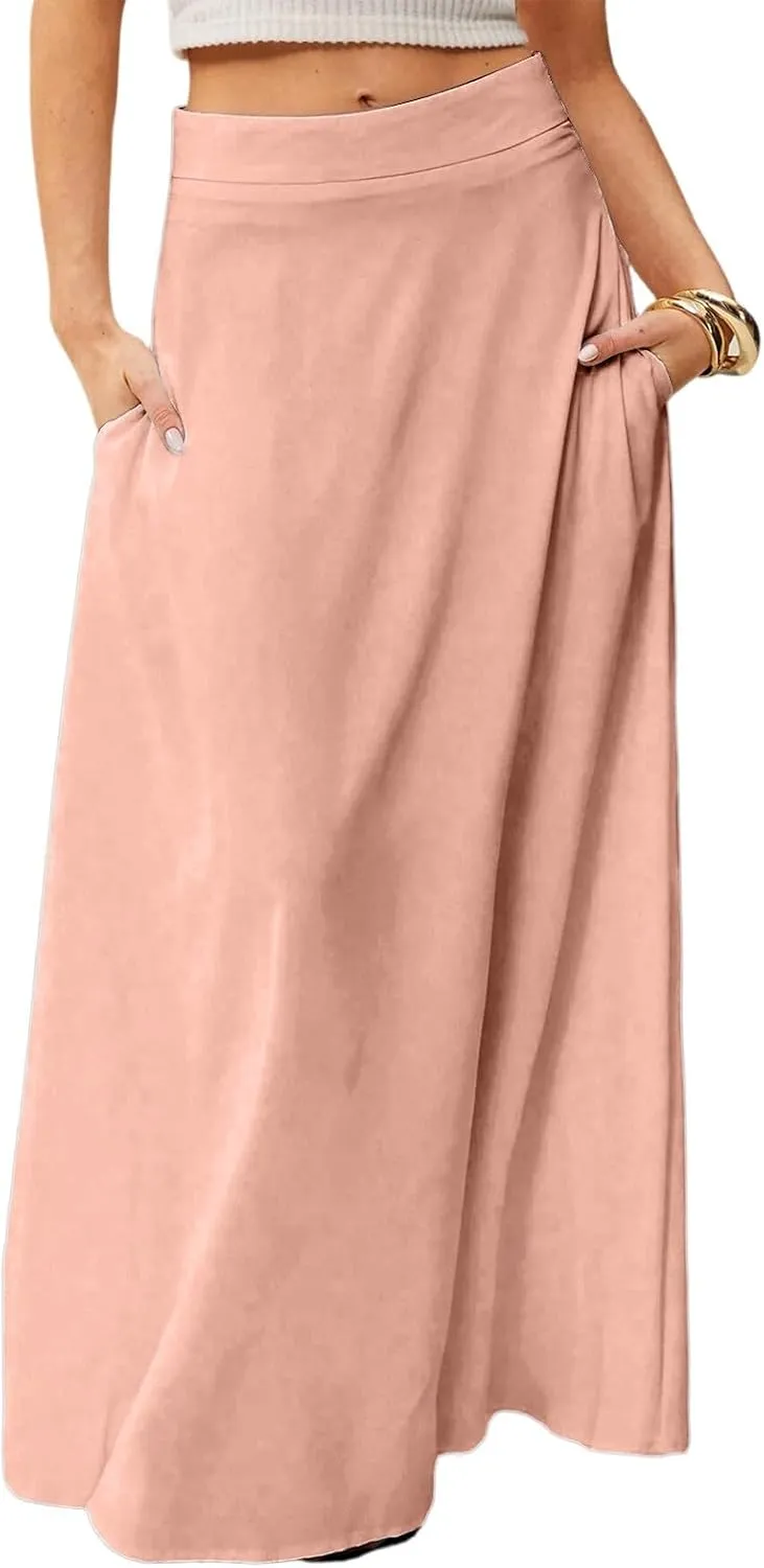 Womens Flowy A Line Skirt Boho Elastic High Waisted Long Maxi Skirts for Women Trendy Summer Basicwith Pockets