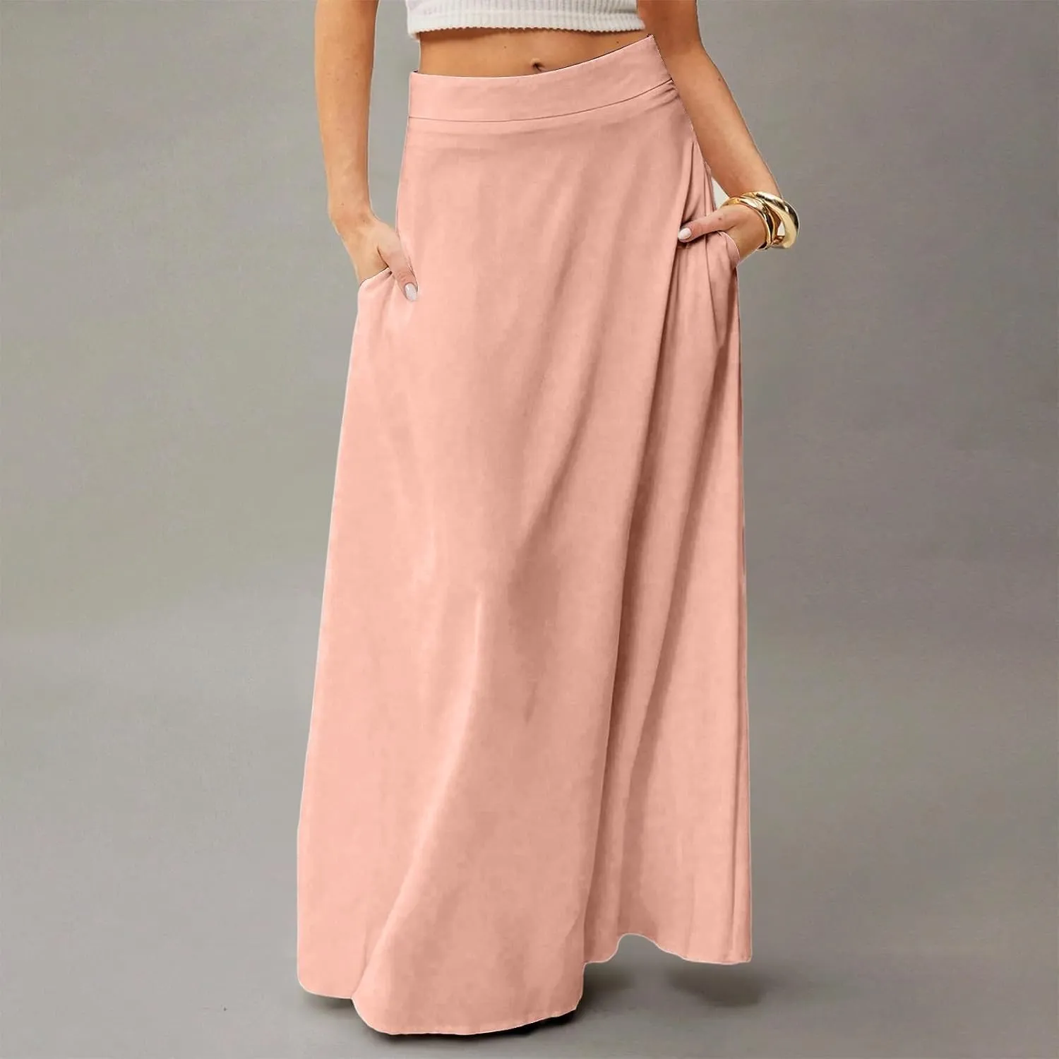Womens Flowy A Line Skirt Boho Elastic High Waisted Long Maxi Skirts for Women Trendy Summer Basicwith Pockets