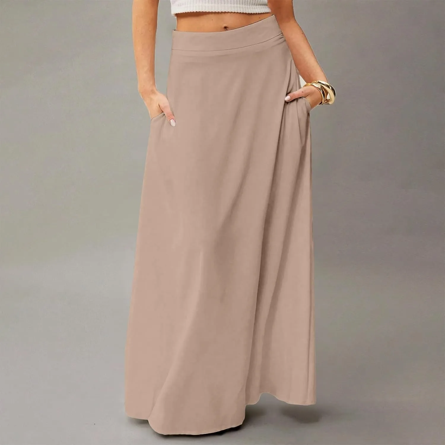 Womens Flowy A Line Skirt Boho Elastic High Waisted Long Maxi Skirts for Women Trendy Summer Basicwith Pockets