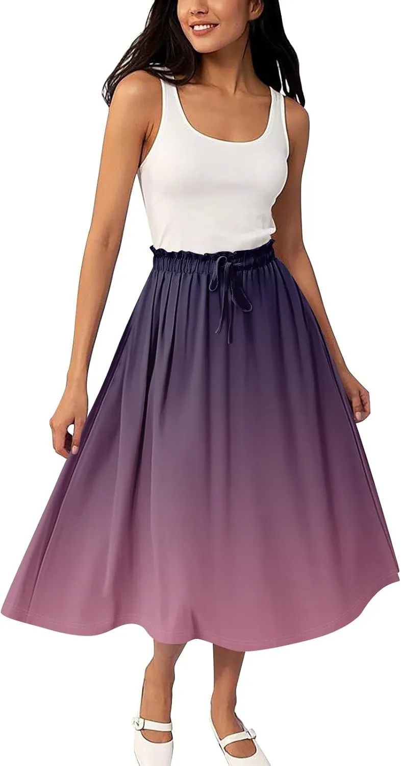 Women's Flowy Maxi Skirt Boho Summer Pleated High Waisted Casual Smocked Long Skirts with Pockets