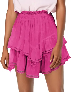 Women's High Waist Mini Skirt Solid Color Ruffle Layered Pleated Flowy Skirts Beach Vacation Skort