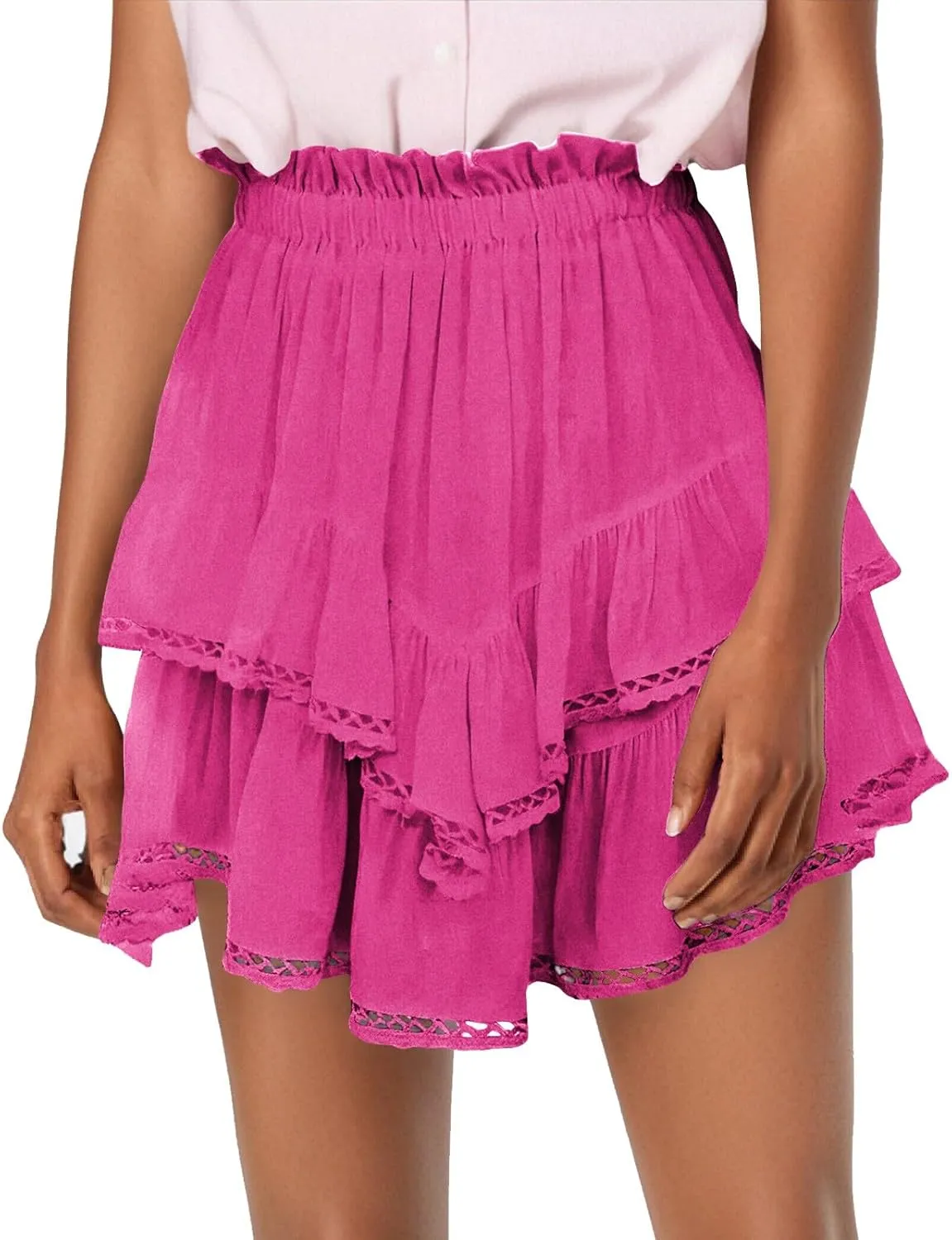Women's High Waist Mini Skirt Solid Color Ruffle Layered Pleated Flowy Skirts Beach Vacation Skort