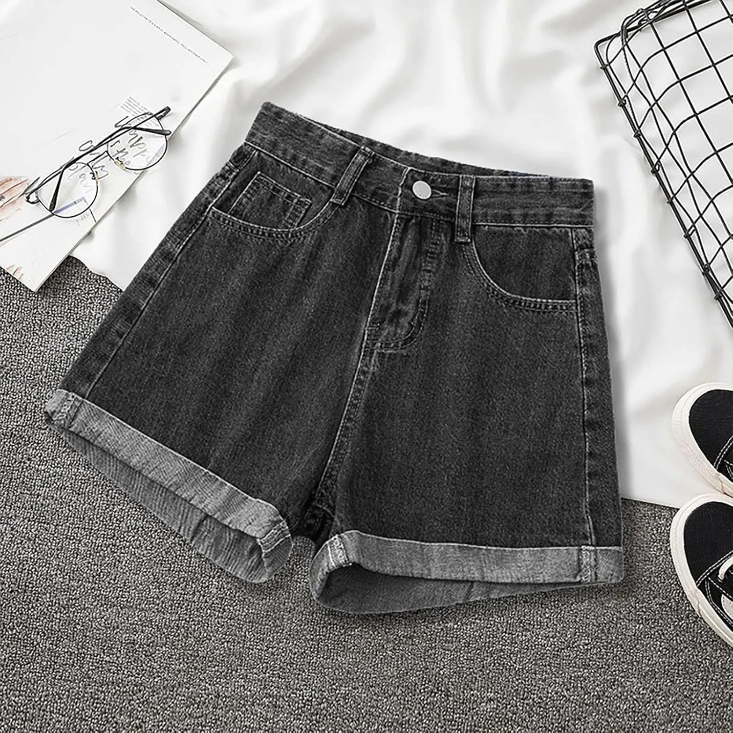 Women's High Waisted Stretchy Denim Shorts Casual Summer Wide Leg Jean Shorts Trendy A Line Design Loose Fit Jorts