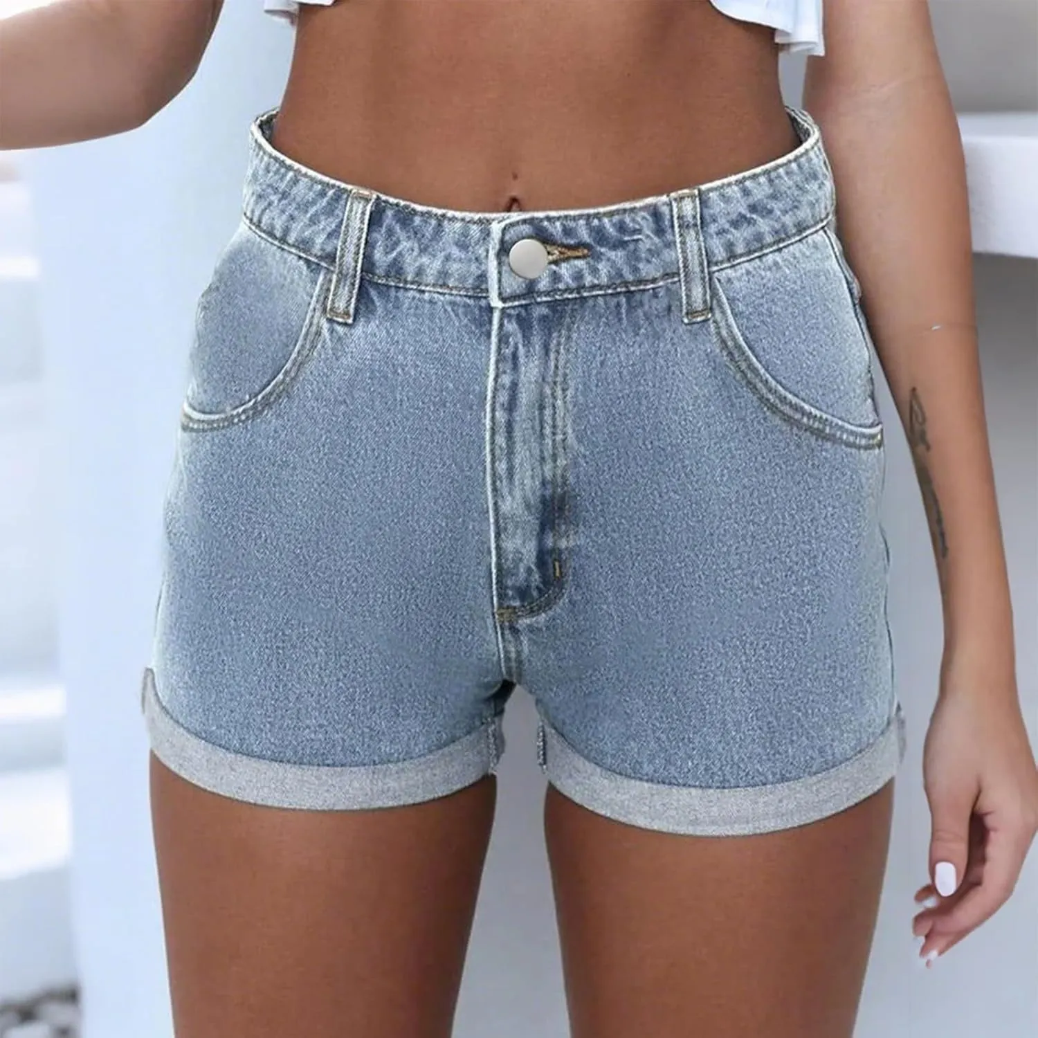 Womens Jean Shorts High Waisted Distressed Denim Roll Up Cut Off Frayed High Rise Summer Jean Shorts with Pockets