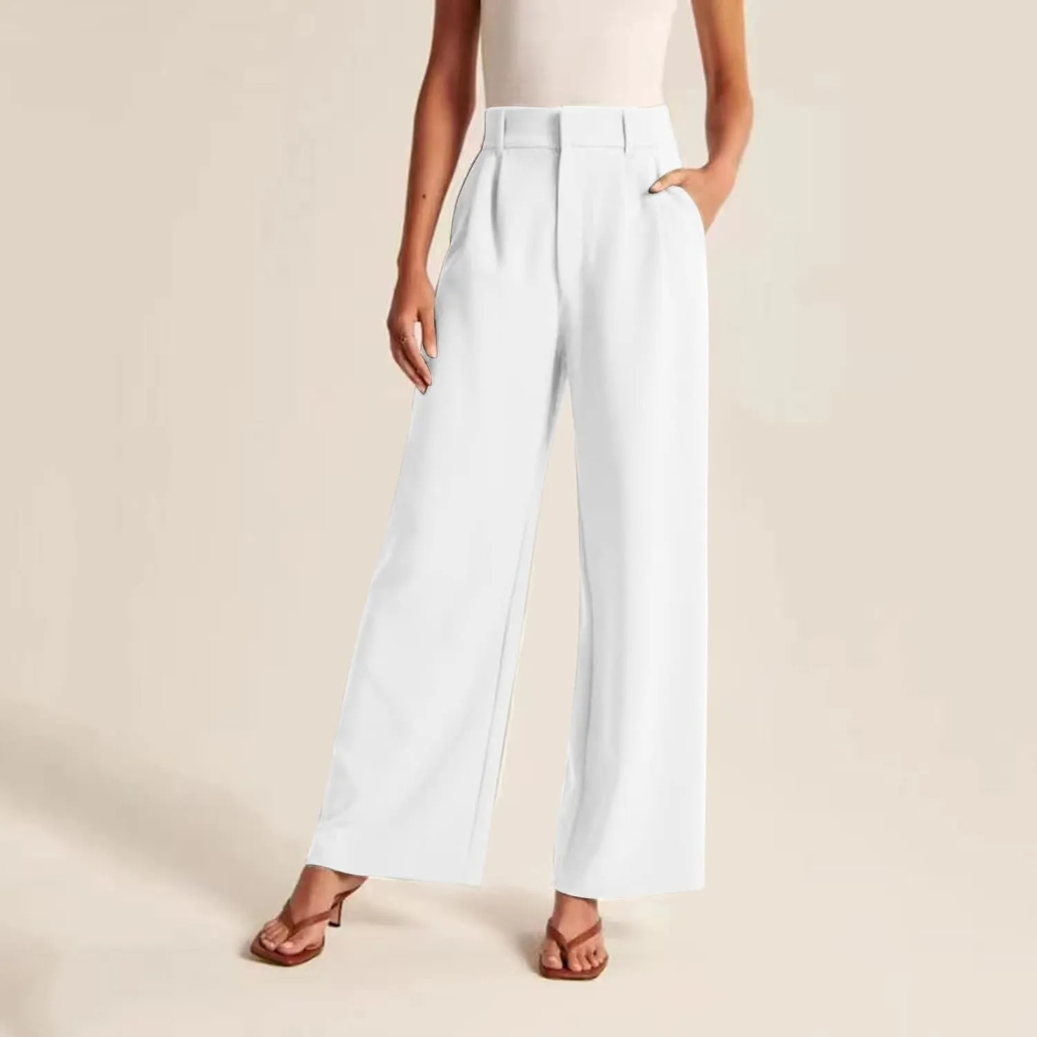 Womens Linen Blend Summer Loose Pants Elastic Waist Long Lounge Slim-Fit Palazzo Lounge Pants Beach