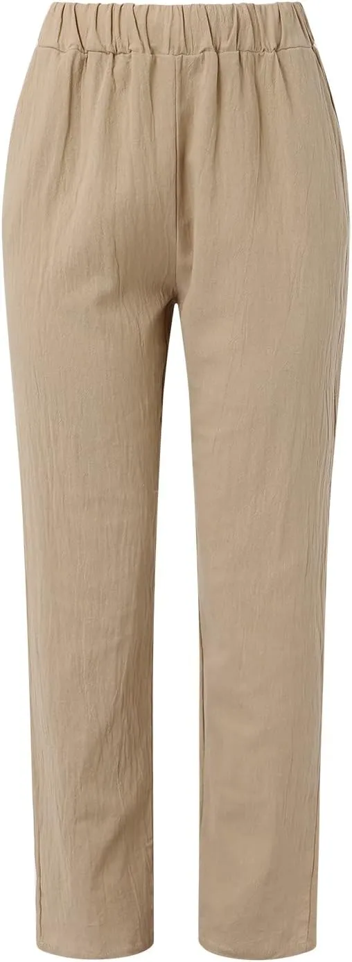 Womens Linen Blend Summer Y2K Streetwear Pants Elastic Waisted Baggy Stretchy Plus Size Trousers Beach