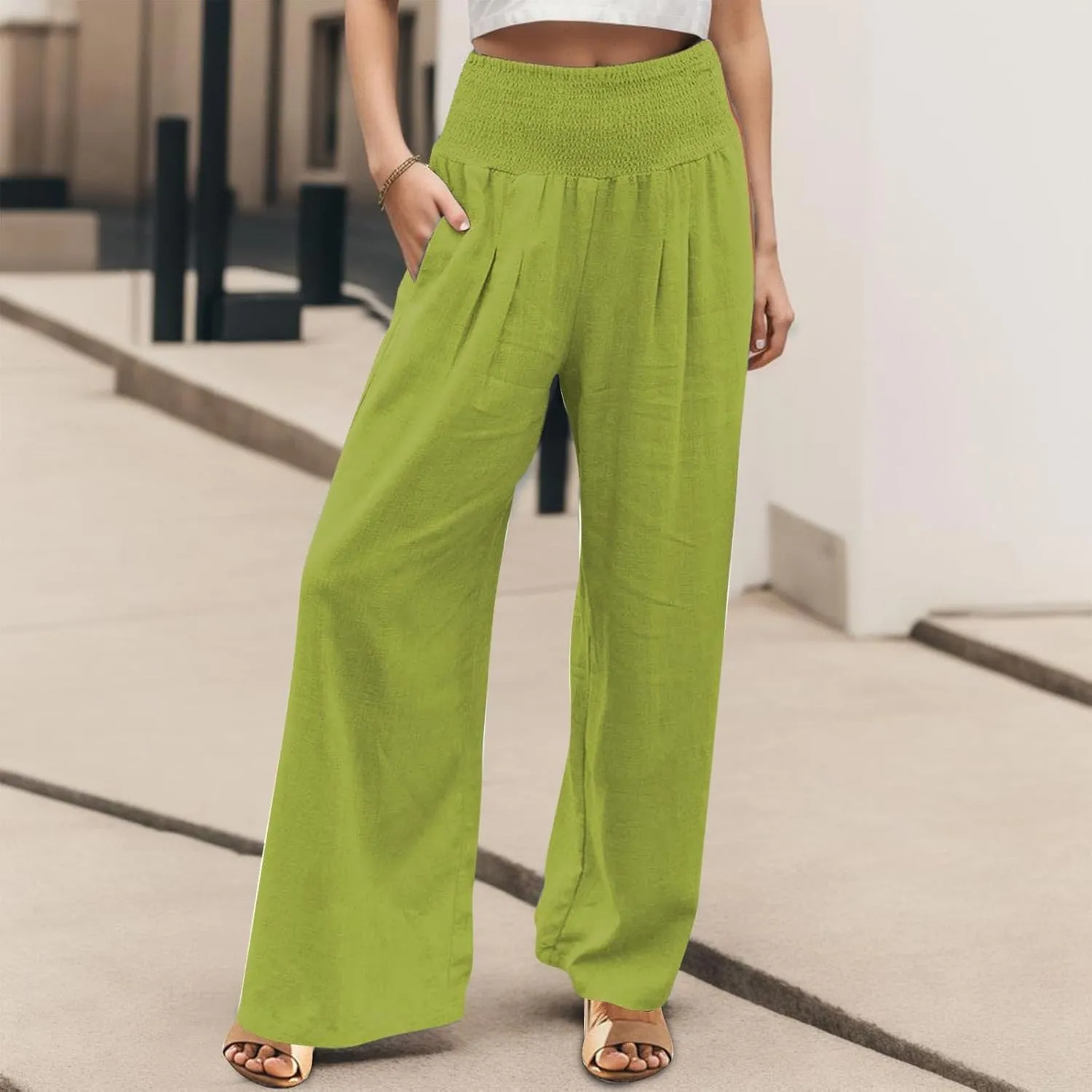 Womens Linen Blend Summer Y2K Streetwear Pants Elastic Waisted Baggy Stretchy Plus Size Trousers Beach