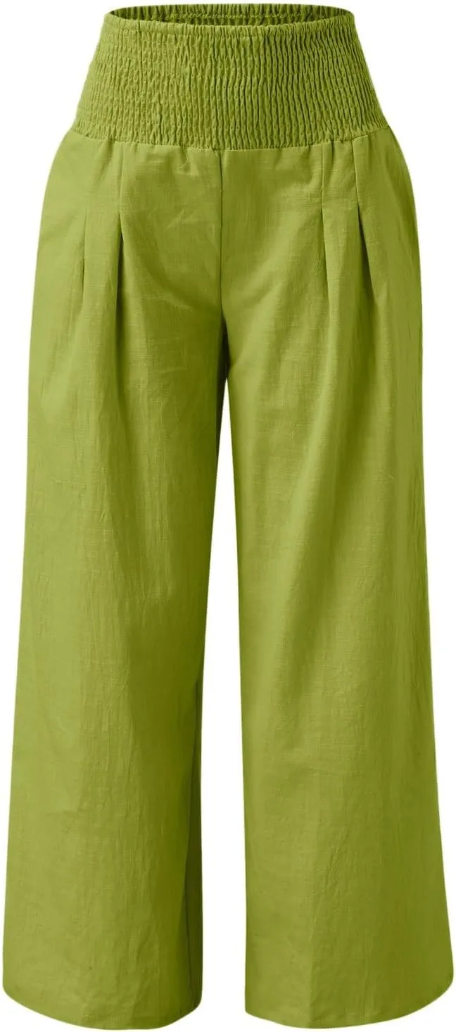 Womens Linen Blend Summer Y2K Streetwear Pants Elastic Waisted Baggy Stretchy Plus Size Trousers Beach