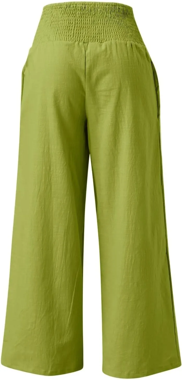 Womens Linen Blend Summer Y2K Streetwear Pants Elastic Waisted Baggy Stretchy Plus Size Trousers Beach