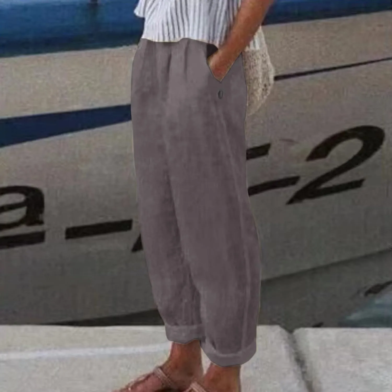 Womens Linen Blend Summer Y2K Streetwear Pants Elastic Waisted Baggy Stretchy Plus Size Trousers Beach