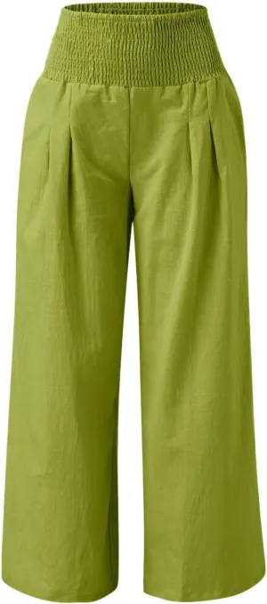 Womens Linen Blend Summer Y2K Streetwear Pants Elastic Waisted Baggy Stretchy Plus Size Trousers Beach