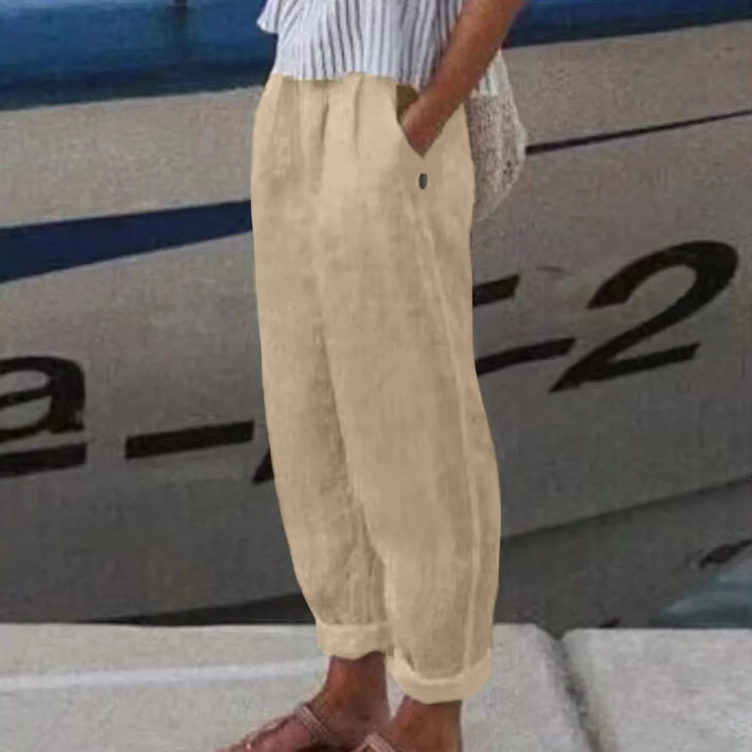 Womens Linen Blend Summer Y2K Streetwear Pants Elastic Waisted Baggy Stretchy Plus Size Trousers Beach