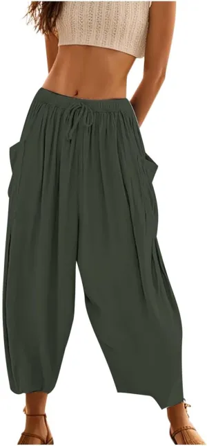Women's Linen Summer Y2K Fashion Palazzo Pants Elastic Waisted Baggy Stretchy Slim Fit Trouser Travel