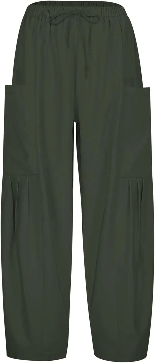Women's Linen Summer Y2K Fashion Palazzo Pants Elastic Waisted Baggy Stretchy Slim Fit Trouser Travel