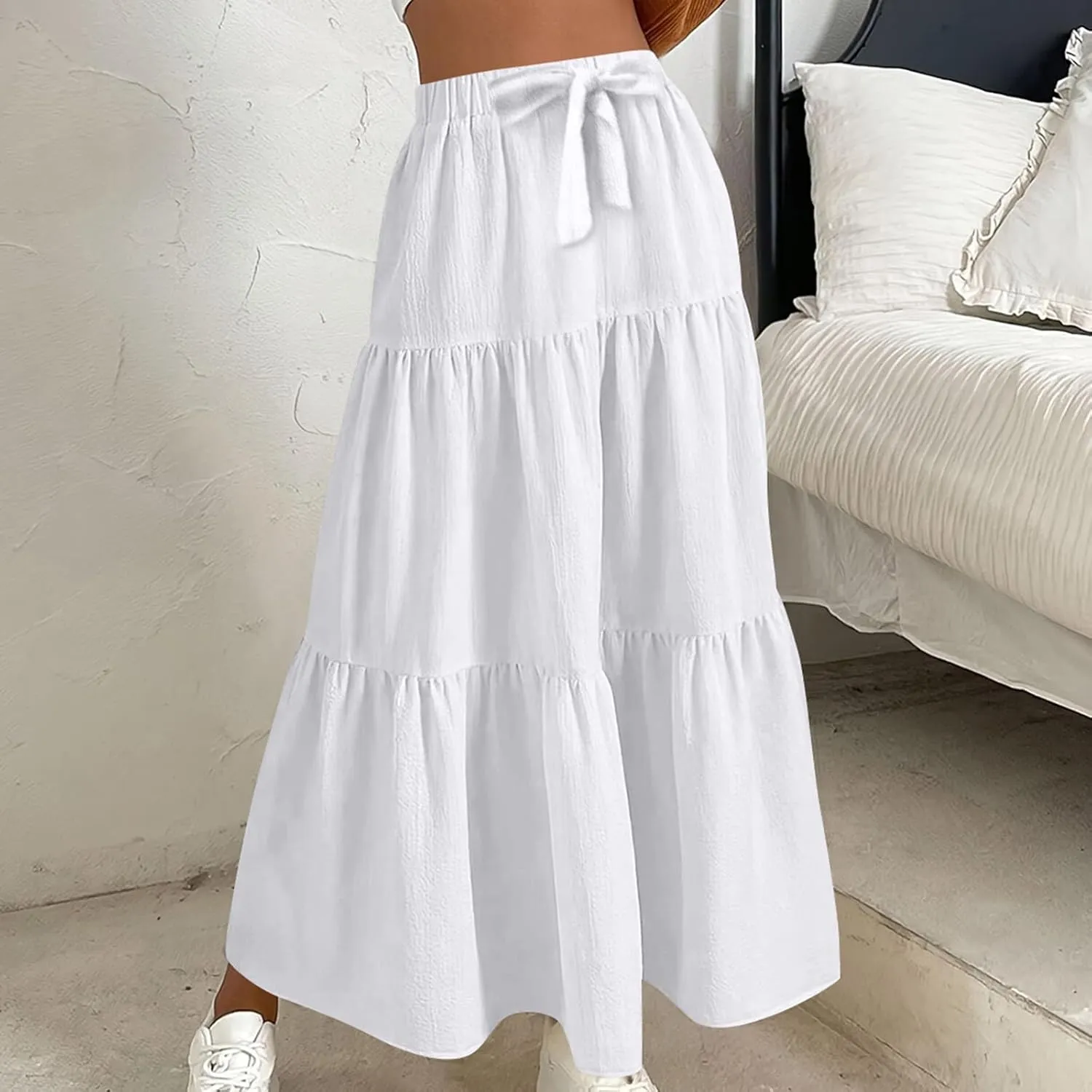 Womens Long Maxi Skirts Fashion Tiered Pleated A-Line Skirt Drawstring Waist Loose Solid Beach Travel Clothes 2025