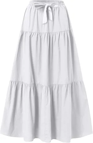 Womens Long Maxi Skirts Fashion Tiered Pleated A-Line Skirt Drawstring Waist Loose Solid Beach Travel Clothes 2025
