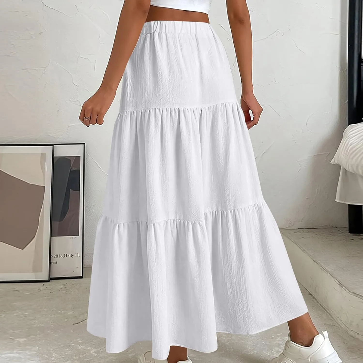 Womens Long Maxi Skirts Fashion Tiered Pleated A-Line Skirt Drawstring Waist Loose Solid Beach Travel Clothes 2025