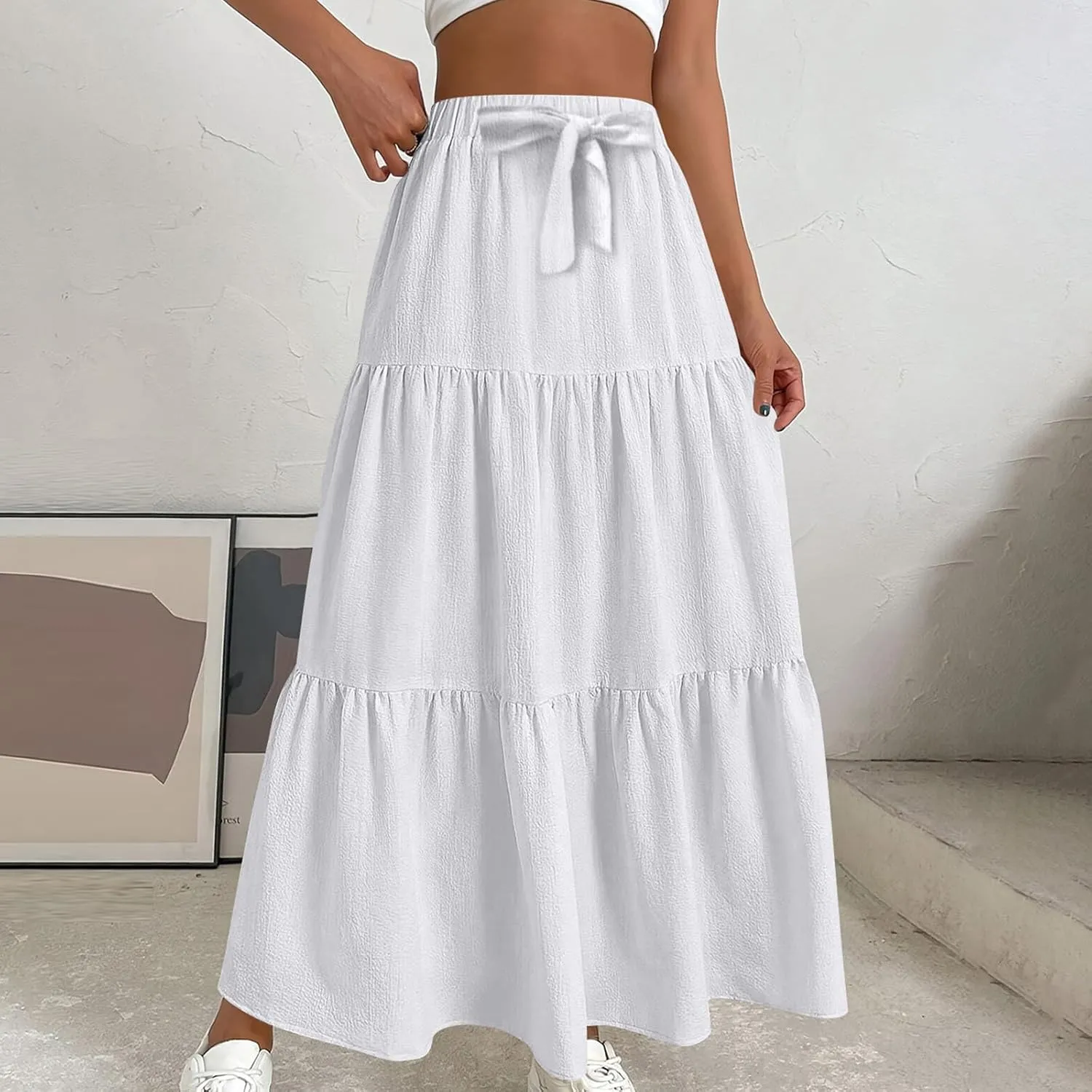 Womens Long Maxi Skirts Fashion Tiered Pleated A-Line Skirt Drawstring Waist Loose Solid Beach Travel Clothes 2025