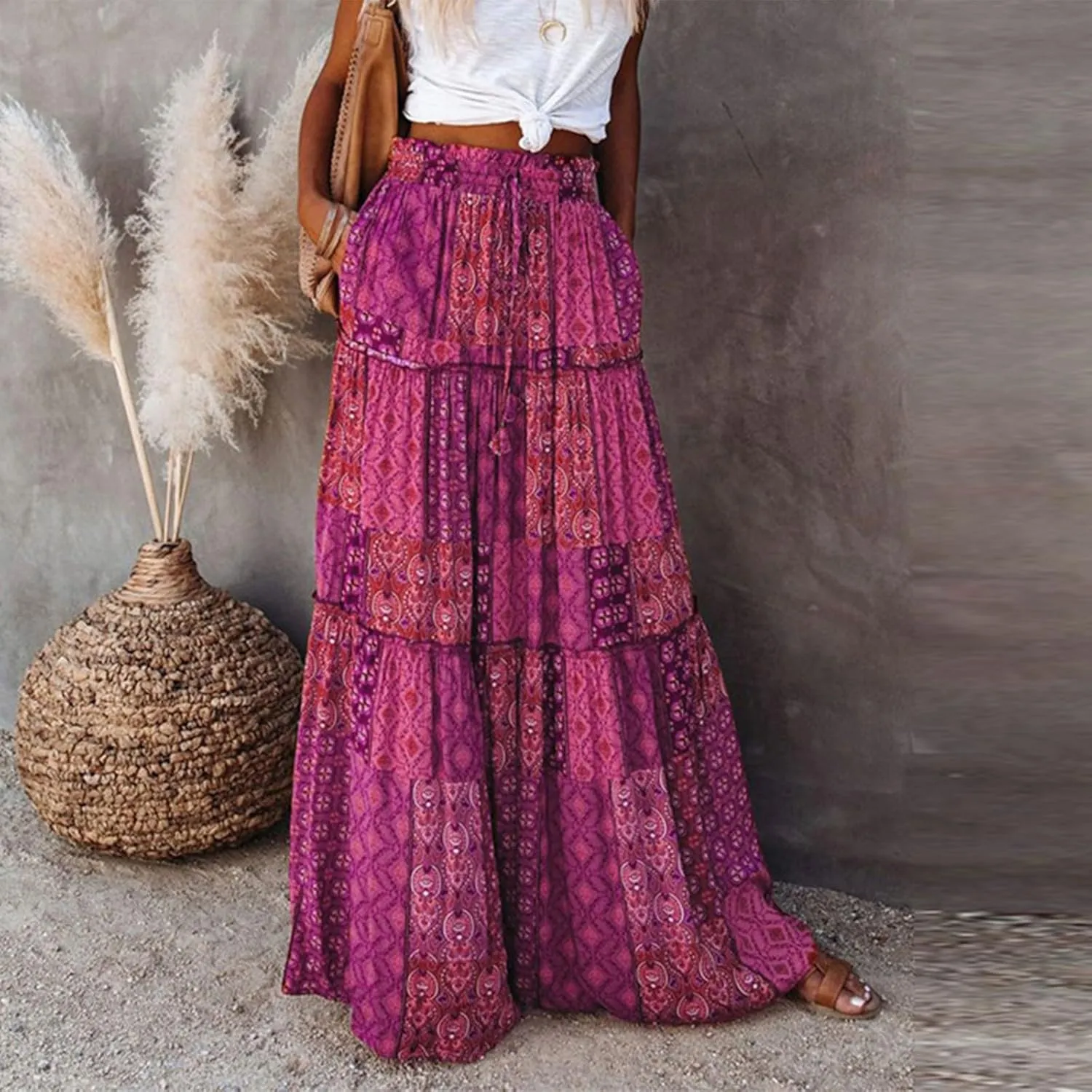 Women's Pleated Skirt Casual Loose Trendy Elastic High Waist Floral Print Boho Sun Beach Long Maxi Skirts, S-2XL