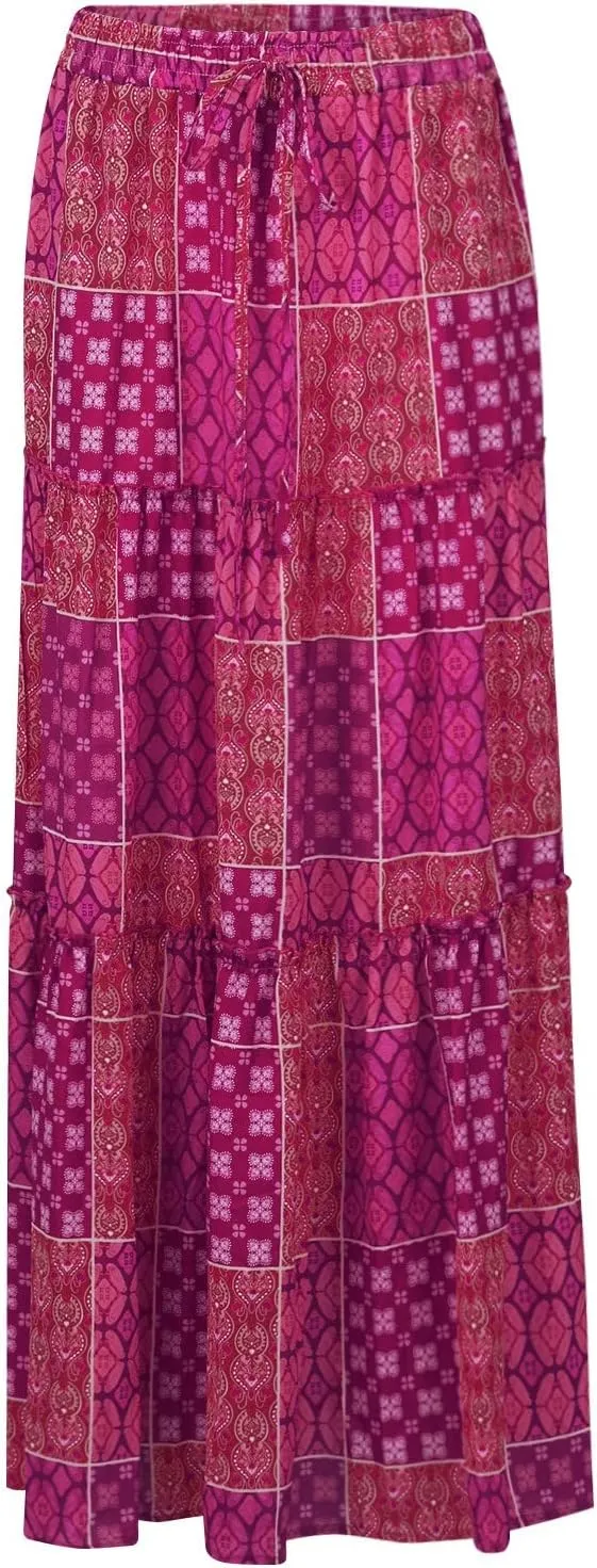 Women's Pleated Skirt Casual Loose Trendy Elastic High Waist Floral Print Boho Sun Beach Long Maxi Skirts, S-2XL