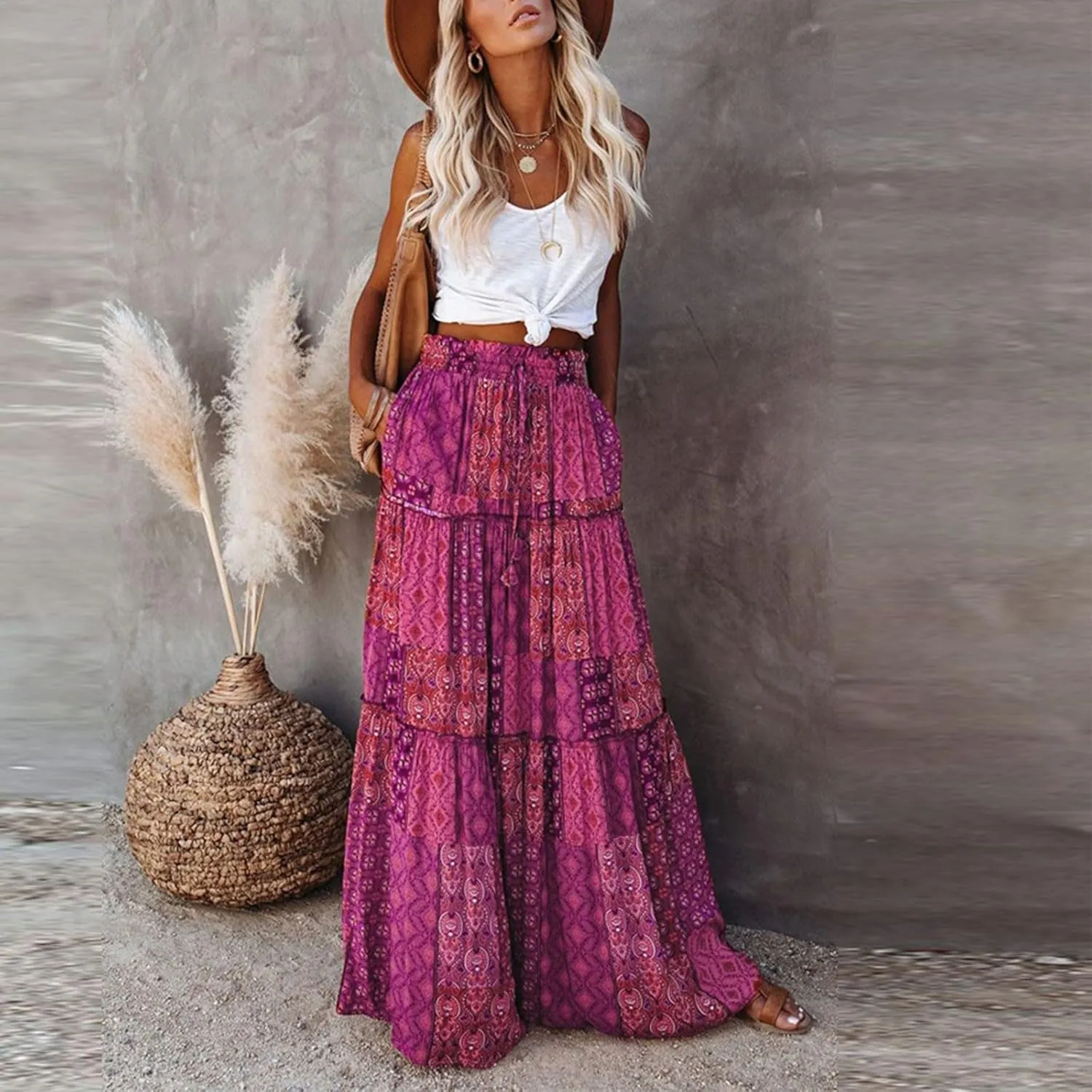 Women's Pleated Skirt Casual Loose Trendy Elastic High Waist Floral Print Boho Sun Beach Long Maxi Skirts, S-2XL