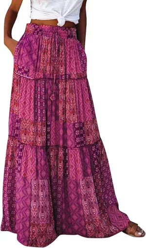 Women's Pleated Skirt Casual Loose Trendy Elastic High Waist Floral Print Boho Sun Beach Long Maxi Skirts, S-2XL