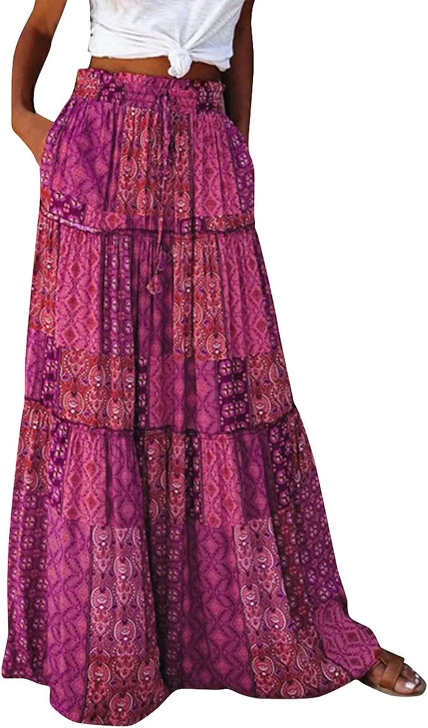 Women's Pleated Skirt Casual Loose Trendy Elastic High Waist Floral Print Boho Sun Beach Long Maxi Skirts, S-2XL