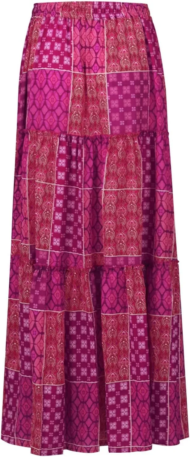 Women's Pleated Skirt Casual Loose Trendy Elastic High Waist Floral Print Boho Sun Beach Long Maxi Skirts, S-2XL