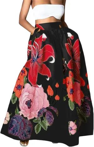 Women's Pleated Skirt Summer Casual Loose Trendy Elastic High Waist Floral Print Boho Sun Beach Maxi Skirts, S-2XL