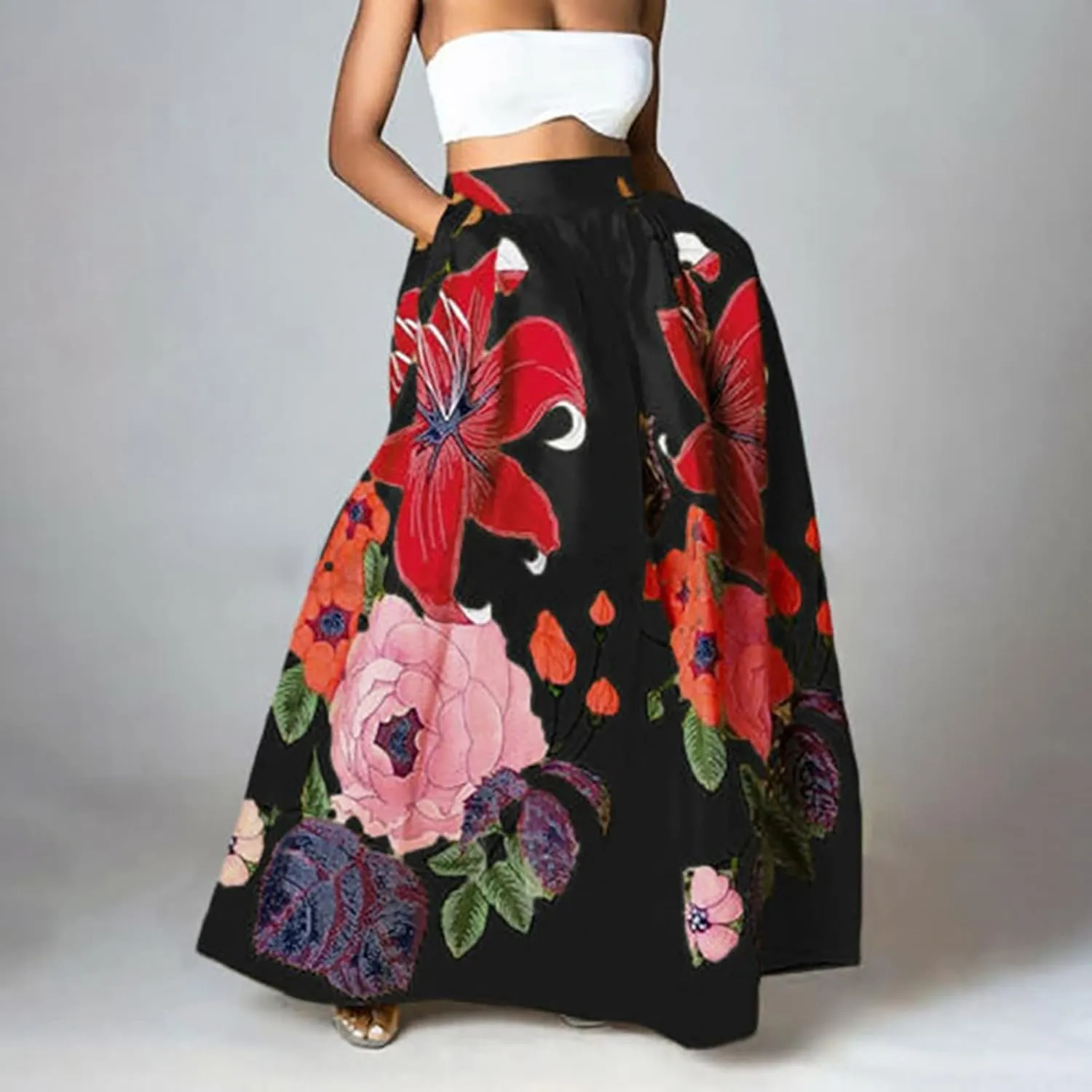 Women's Pleated Skirt Summer Casual Loose Trendy Elastic High Waist Floral Print Boho Sun Beach Maxi Skirts, S-2XL