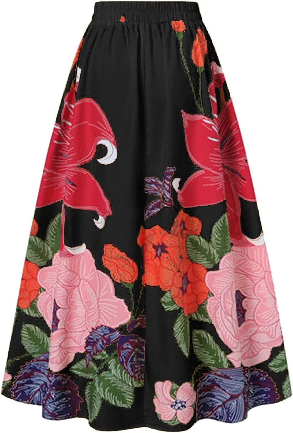 Women's Pleated Skirt Summer Casual Loose Trendy Elastic High Waist Floral Print Boho Sun Beach Maxi Skirts, S-2XL