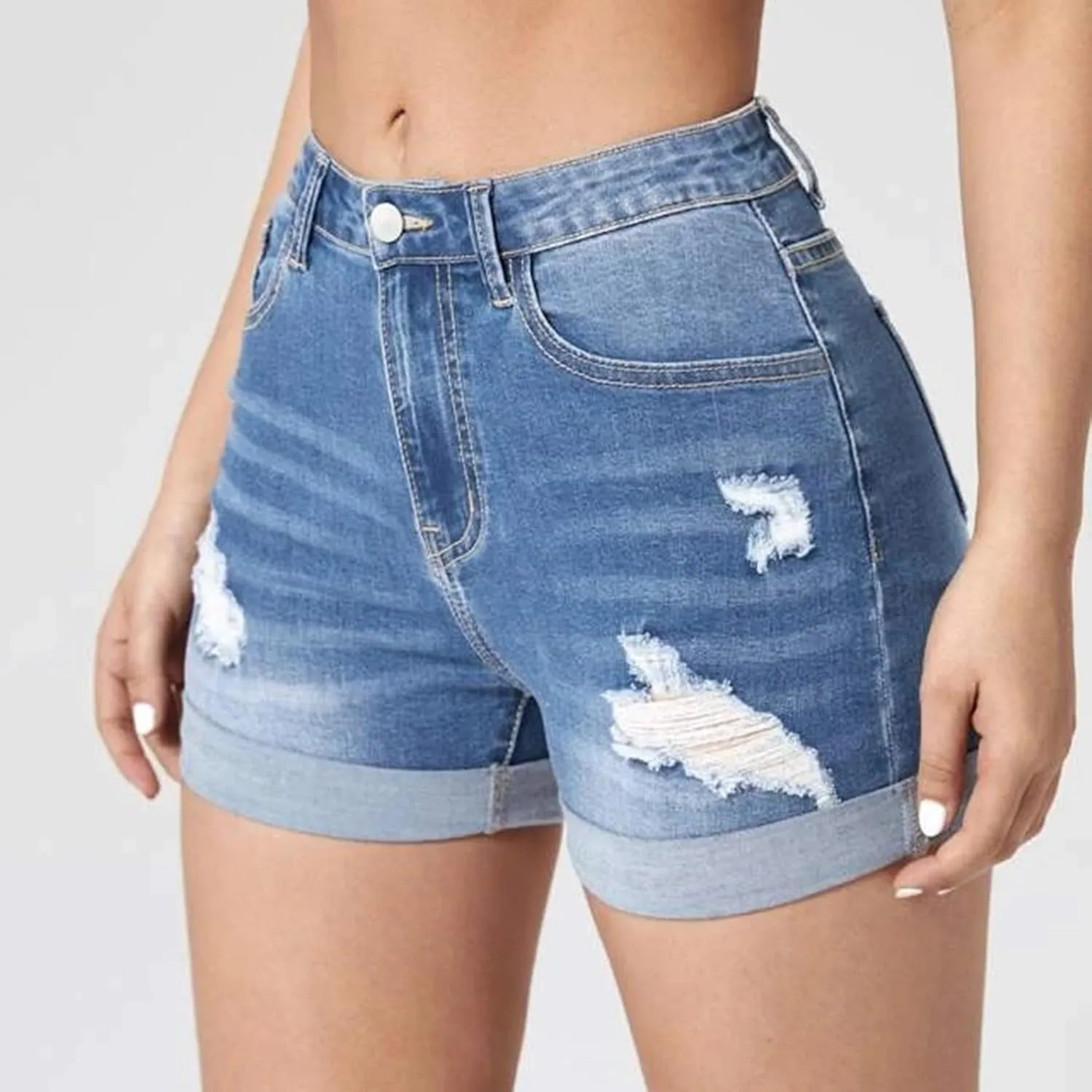 Women's Ripped Denim Shorts High Waist Trendy Casual Summer 2025 Stretchy Jean Shorts Girls Y2k Folded Hem Hot Shorts