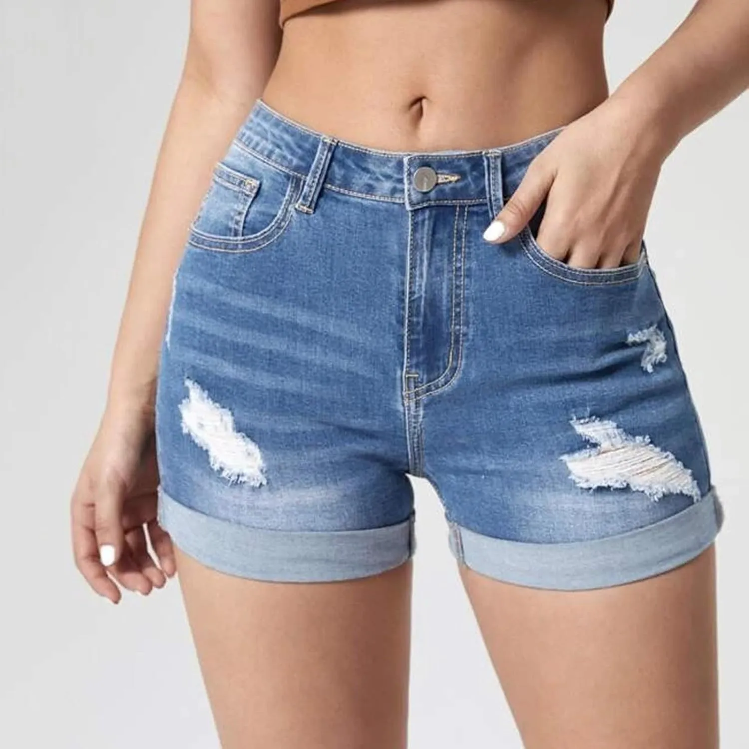 Women's Ripped Denim Shorts High Waist Trendy Casual Summer 2025 Stretchy Jean Shorts Girls Y2k Folded Hem Hot Shorts