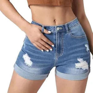 Women's Ripped Denim Shorts High Waist Trendy Casual Summer 2025 Stretchy Jean Shorts Girls Y2k Folded Hem Hot Shorts
