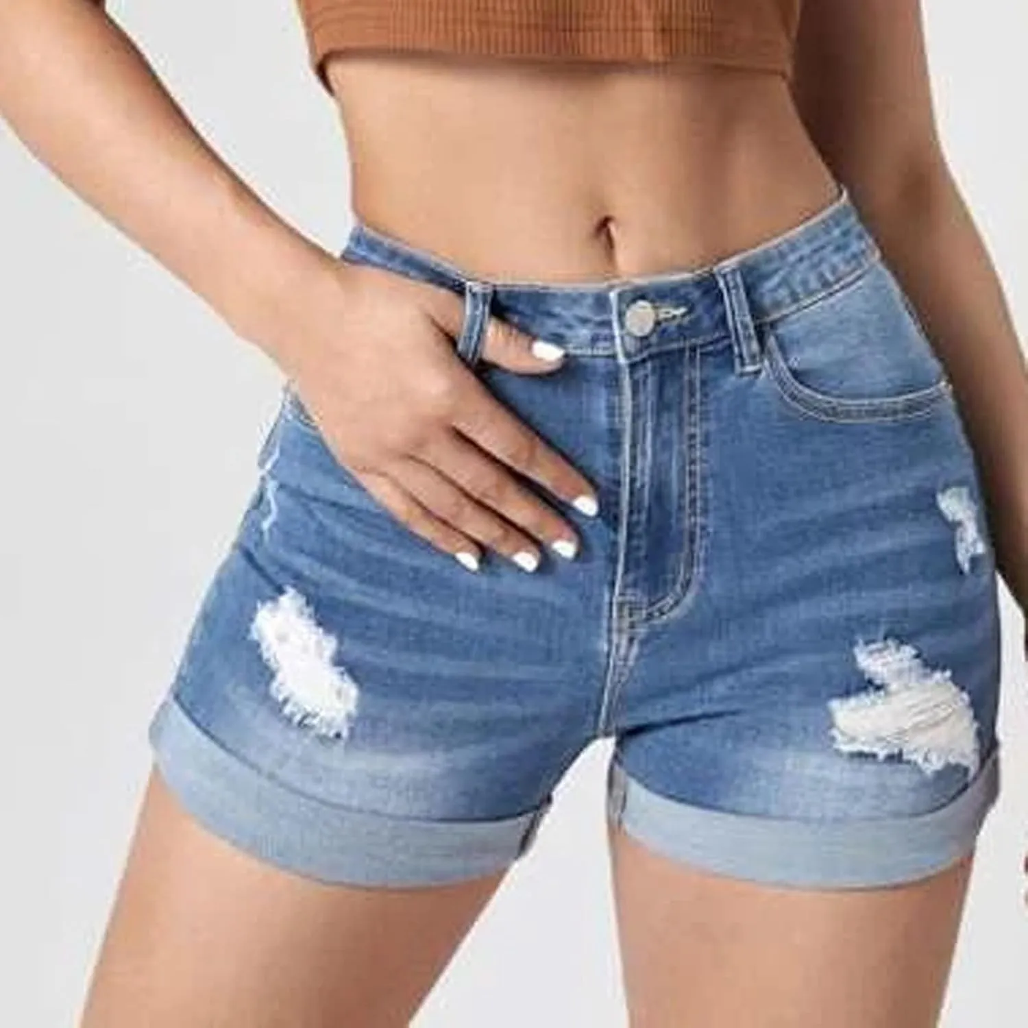 Women's Ripped Denim Shorts High Waist Trendy Casual Summer 2025 Stretchy Jean Shorts Girls Y2k Folded Hem Hot Shorts