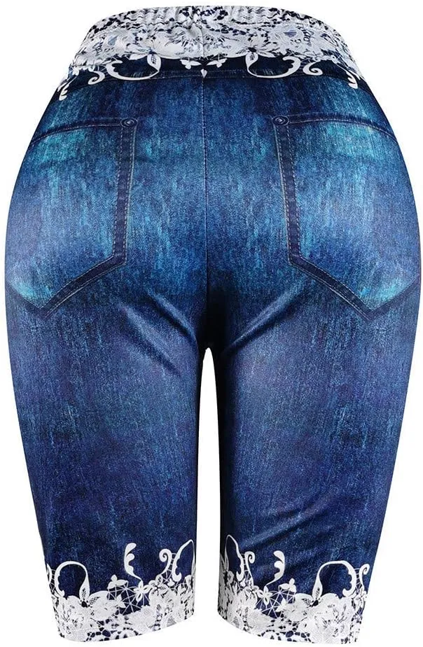 Women's Skinny Denim Shorts High Waisted Lace Butterfly Print Casual Jeggings Stretchy Jean Bermuda Short Plus Size