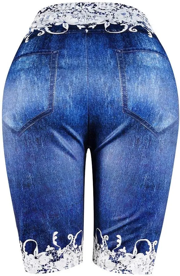 Women's Skinny Denim Shorts High Waisted Lace Butterfly Print Casual Jeggings Stretchy Jean Bermuda Short Plus Size