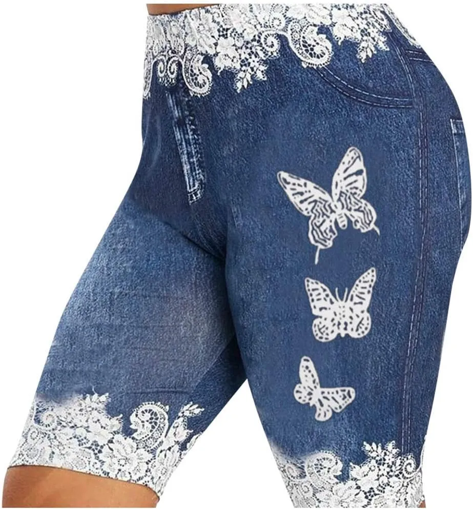 Women's Skinny Denim Shorts High Waisted Lace Butterfly Print Casual Jeggings Stretchy Jean Bermuda Short Plus Size