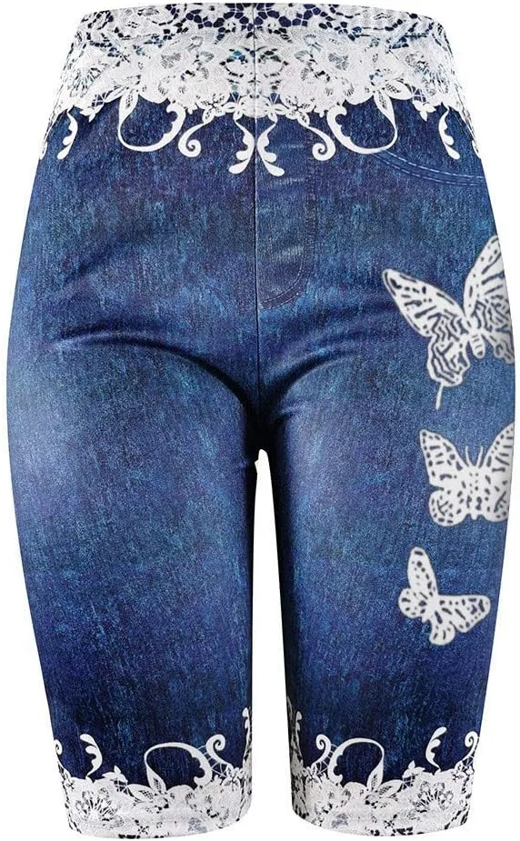 Women's Skinny Denim Shorts High Waisted Lace Butterfly Print Casual Jeggings Stretchy Jean Bermuda Short Plus Size