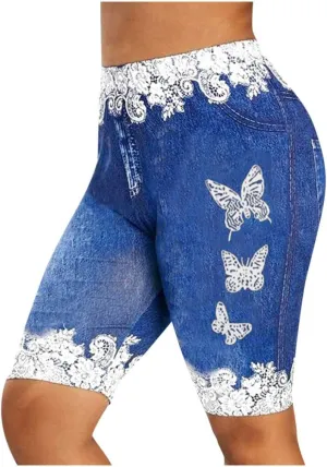 Women's Skinny Denim Shorts High Waisted Lace Butterfly Print Casual Jeggings Stretchy Jean Bermuda Short Plus Size