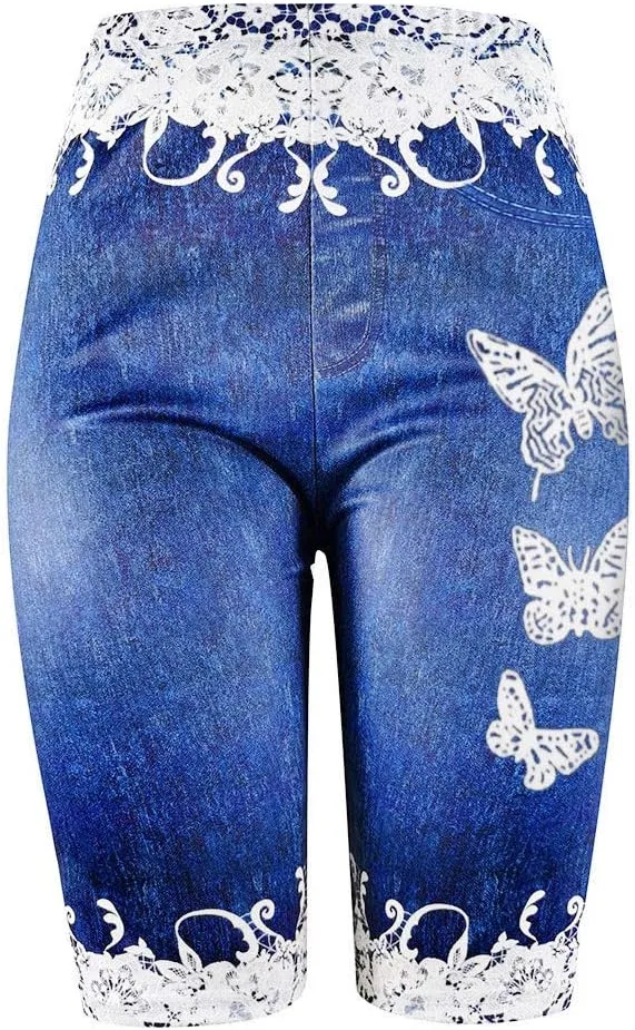 Women's Skinny Denim Shorts High Waisted Lace Butterfly Print Casual Jeggings Stretchy Jean Bermuda Short Plus Size