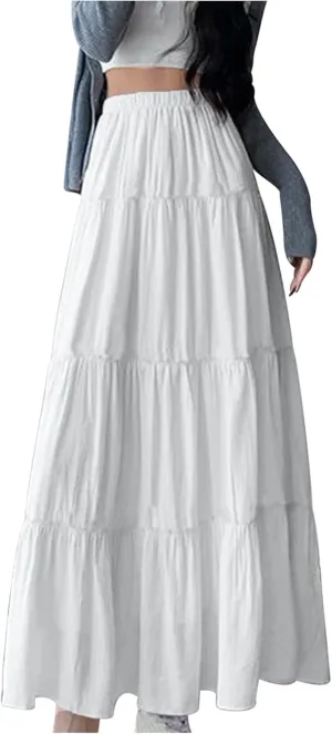 Womens Summer Boho Skirts Elastic Waist Flowy Swing Tiered A Line Ruffle Beach Skirt 2025 Summer Fashion Maxi Skorts