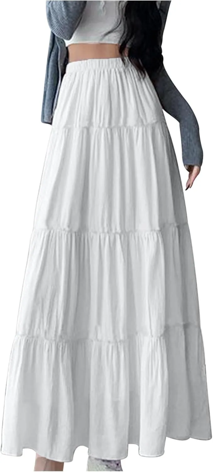 Womens Summer Boho Skirts Elastic Waist Flowy Swing Tiered A Line Ruffle Beach Skirt 2025 Summer Fashion Maxi Skorts