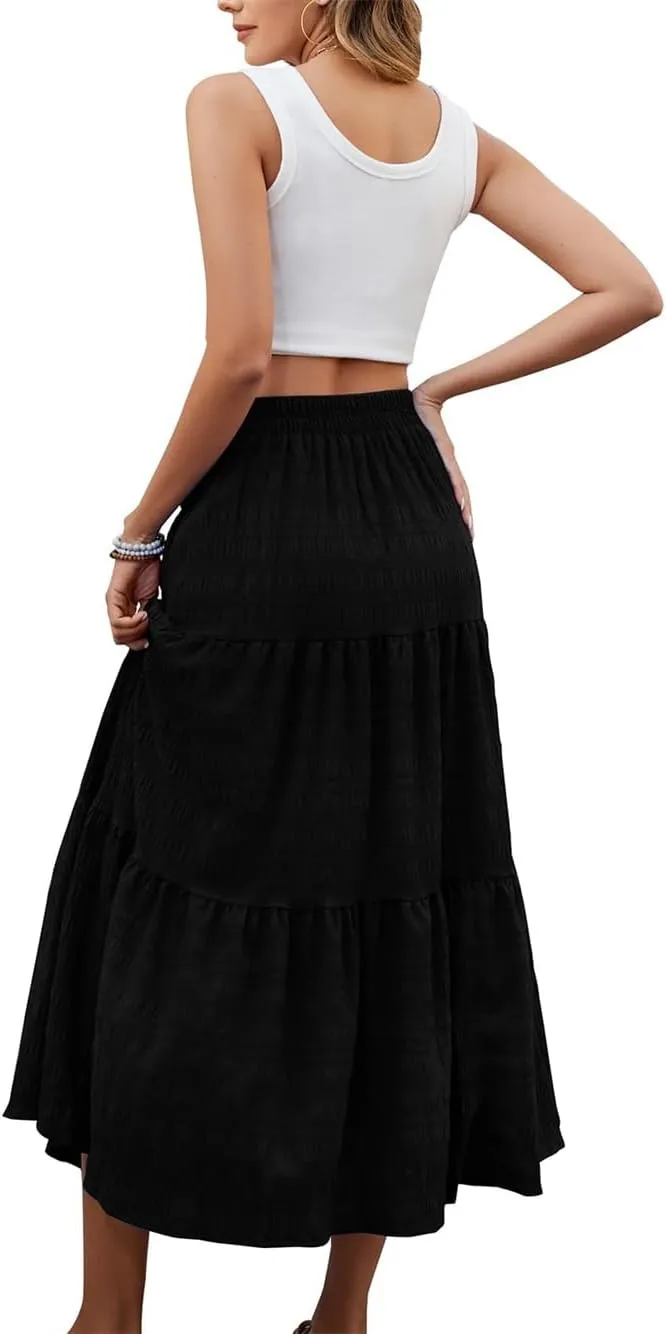 Women's Summer Casual Layered Tiered A Line Maxi Skirt, Elegant Smock Layered Flowy Pleated Maxi Skirt with Pockets