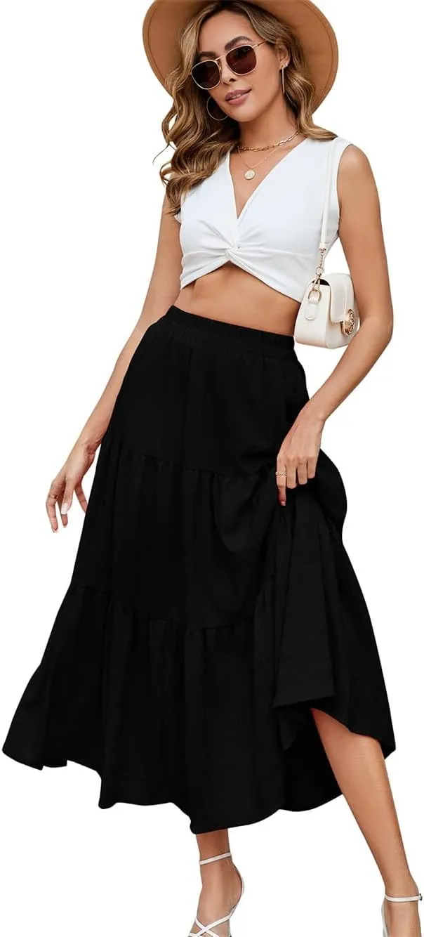 Women's Summer Casual Layered Tiered A Line Maxi Skirt, Elegant Smock Layered Flowy Pleated Maxi Skirt with Pockets