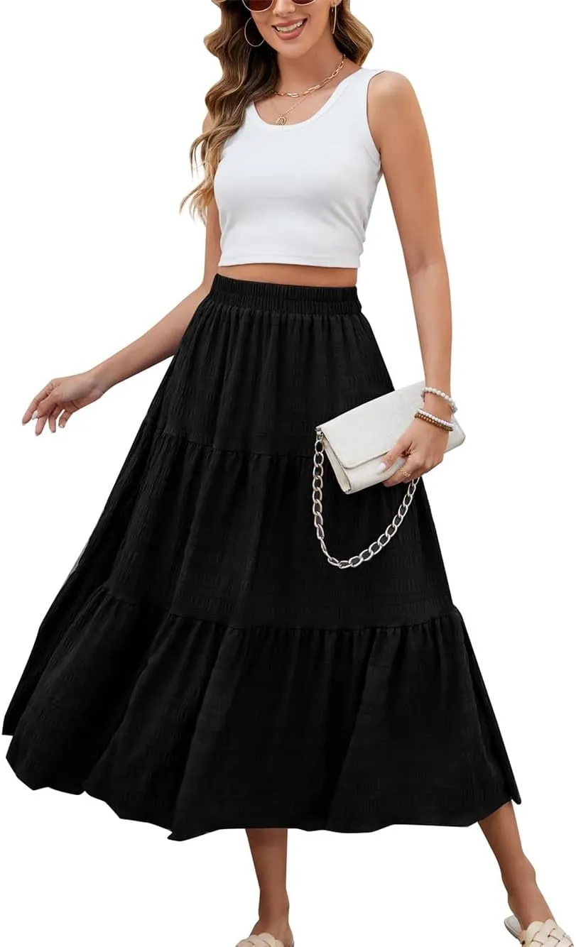 Women's Summer Casual Layered Tiered A Line Maxi Skirt, Elegant Smock Layered Flowy Pleated Maxi Skirt with Pockets