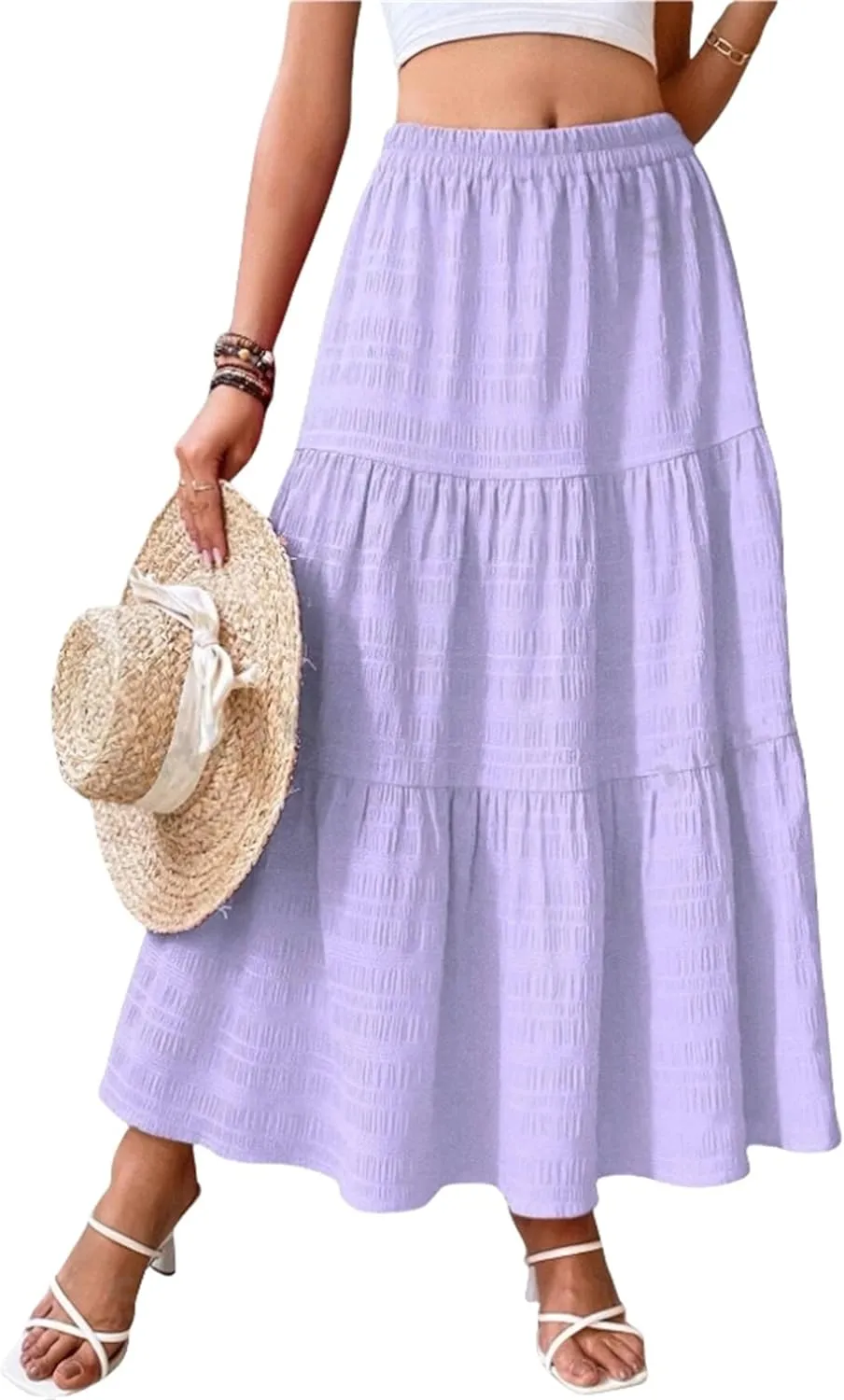 Women's Summer Casual Layered Tiered A Line Maxi Skirt, Elegant Smock Layered Flowy Pleated Maxi Skirt with Pockets